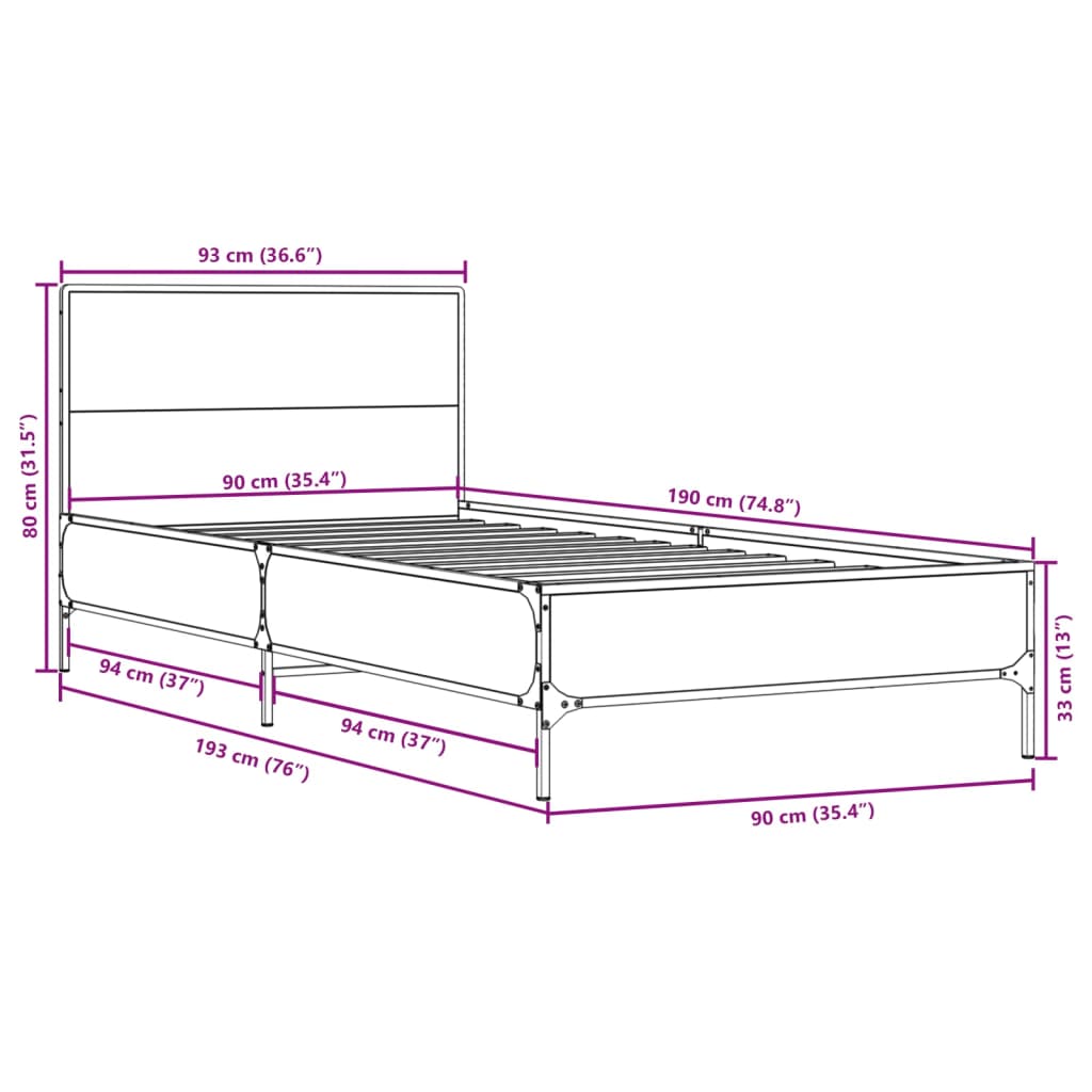 Okvir krevet boja hrasta 90 x 190 cm konstruirano drvo i metal