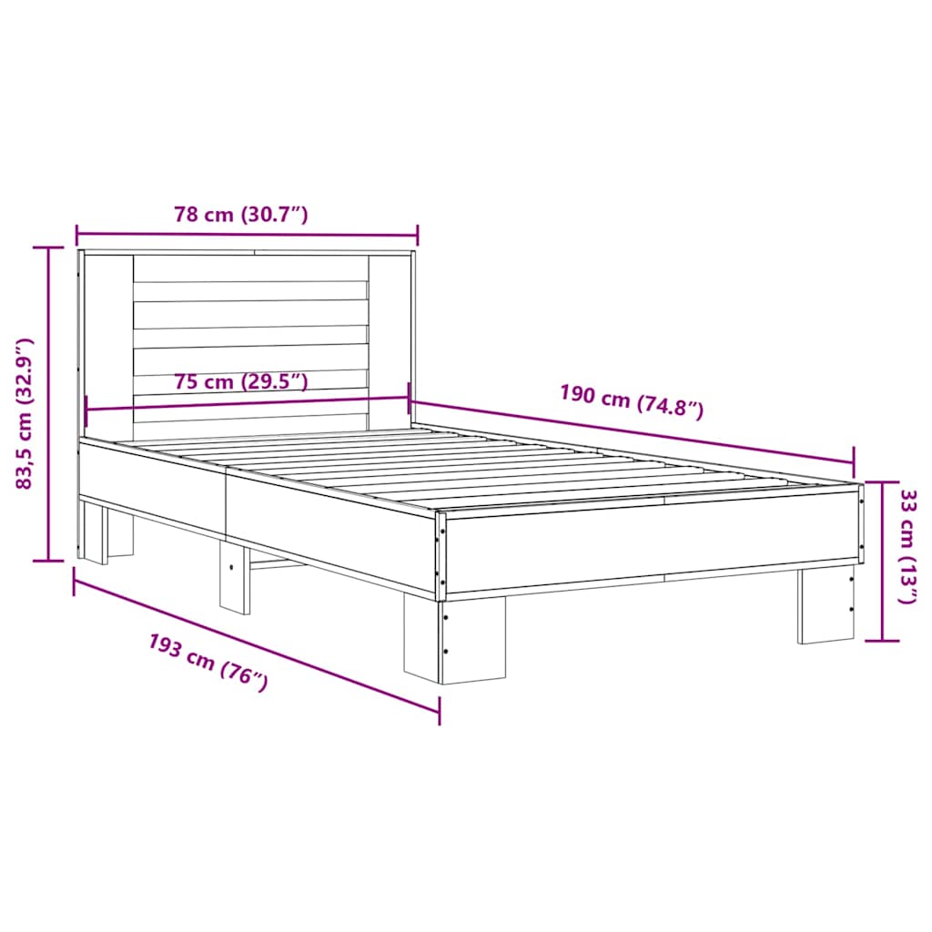 Okvir za krevet boja hrasta 75x190 cm konstruirano drvo i metal