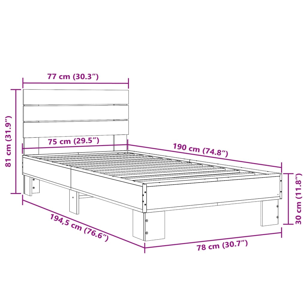 Okvir za krevet boja hrasta 75x190 cm konstruirano drvo i metal