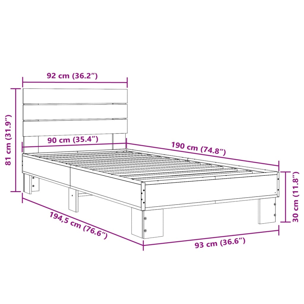 Okvir za krevet boja hrasta 90x190 cm konstruirano drvo i metal