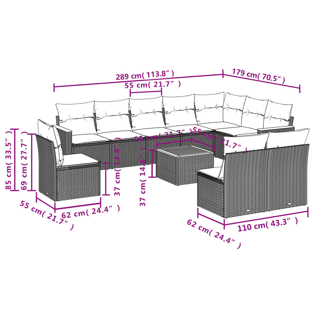 11-dijelni set vrtnih sofa od poliratana s jastucima crni