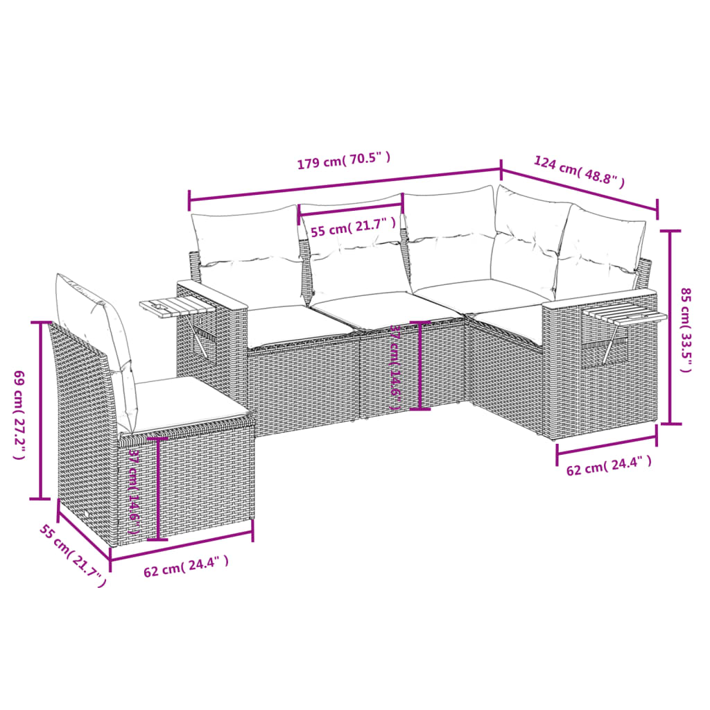 5-dijelni vrtni set sofa s jastucima bež od poliratana