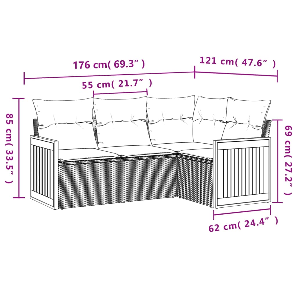 4-dijelni set vrtnih sofa od poliratana s jastucima sivi