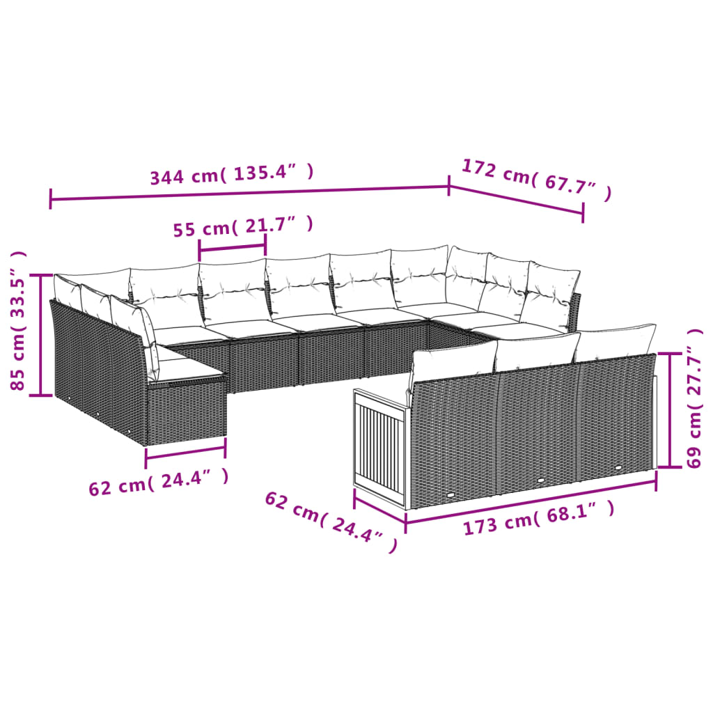 13-dijelni set vrtnih sofa s jastucima poliratan crni