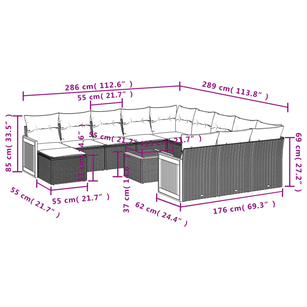 13-dijelni set vrtnih sofa od poliratana s jastucima sivi