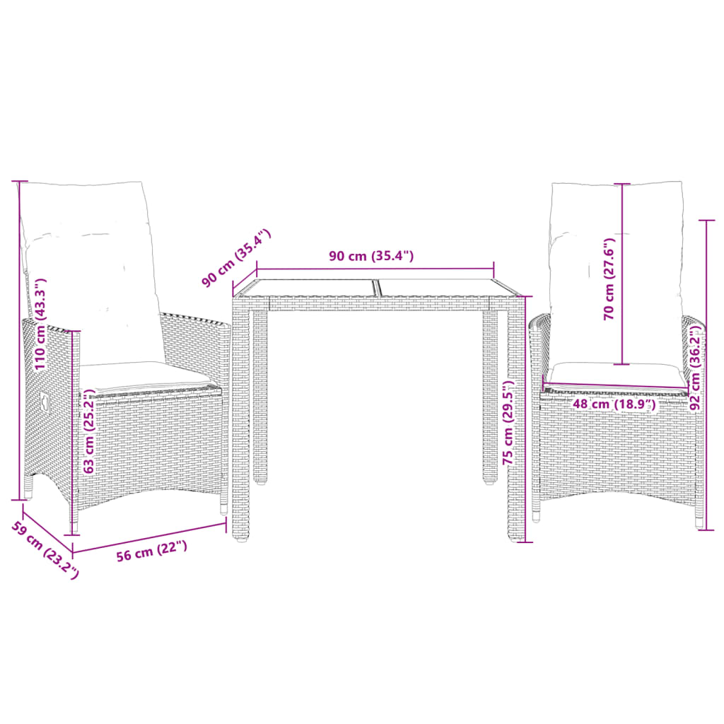 3-dijelni bistro set s jastucima crni od poliratana