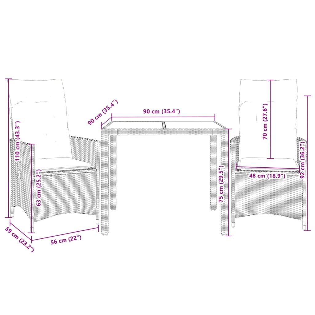 3-dijelni bistro set s jastucima bež od poliratana