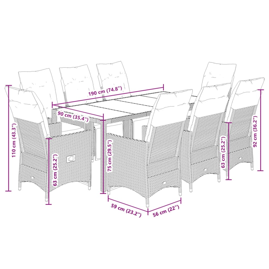 9-dijelni vrtni bistro set od poliratana s jastucima sivi