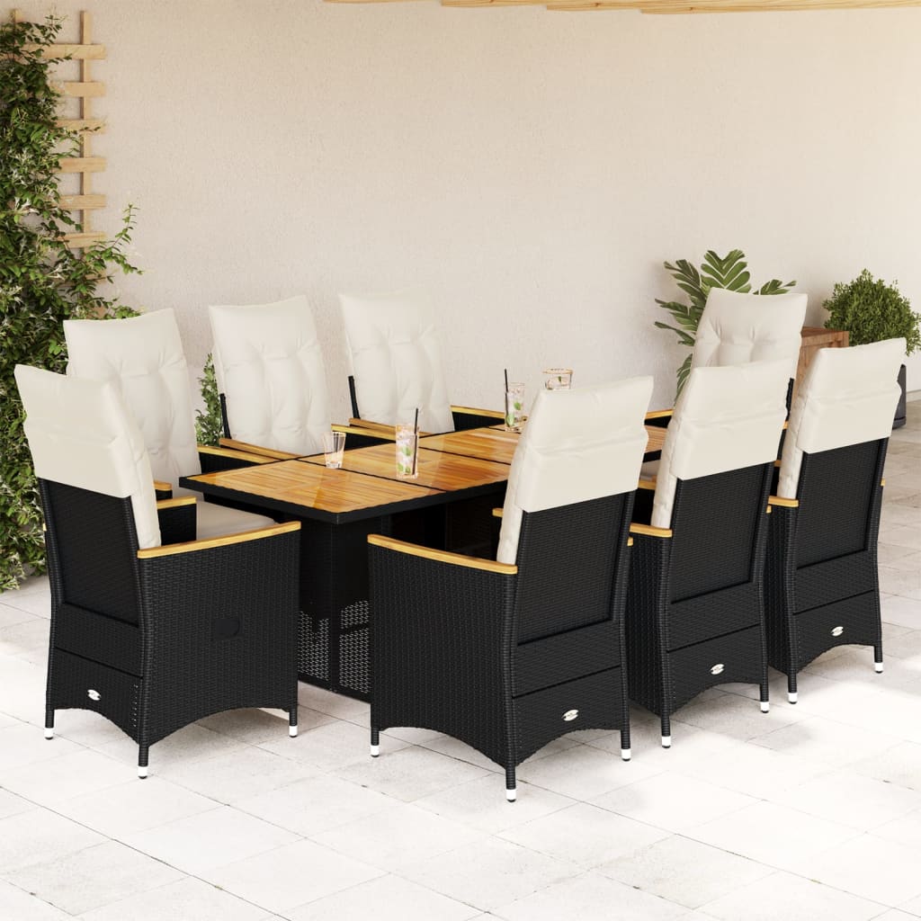 9-dijelni vrtni bistro set od poliratana s jastucima crni