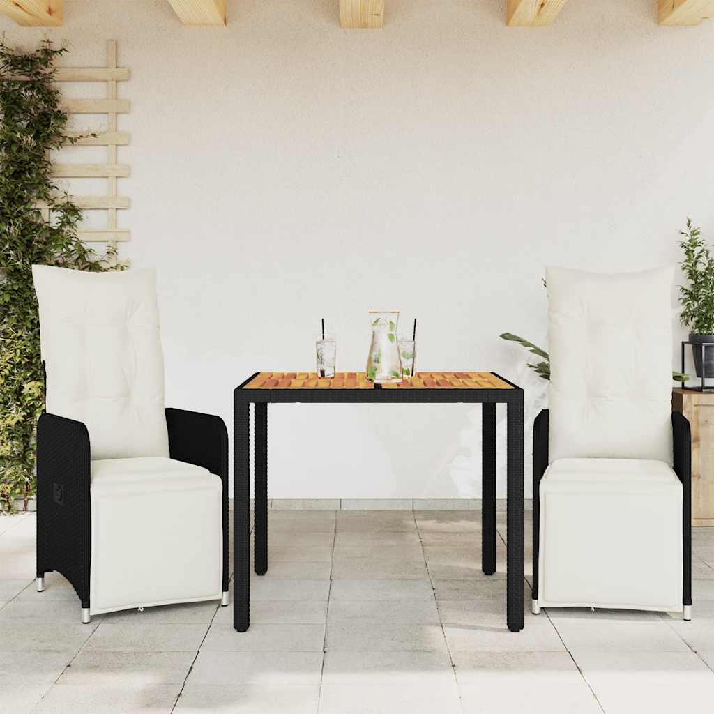 3-dijelni vrtni bistro set od poliratana s jastucima crni