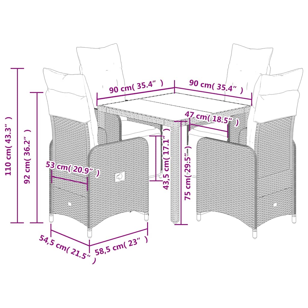 5-dijelni vrtni bistro set od poliratana s jastucima smeđi