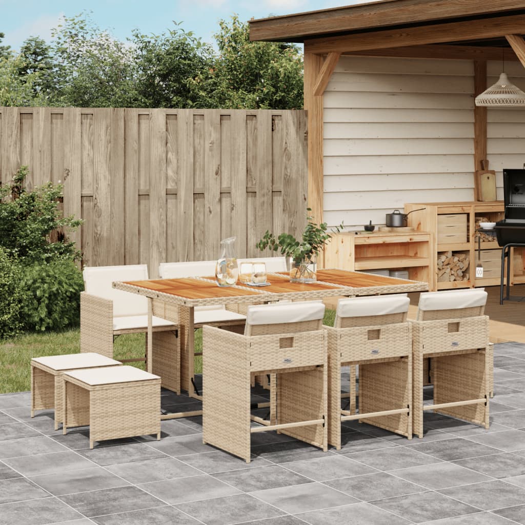 11-dijelni vrtni blagovaonski set od poliratana s jastucima bež