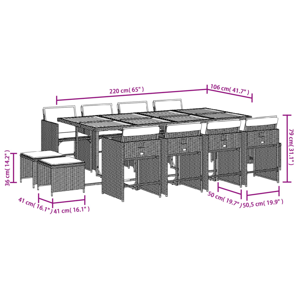 13-dijelni vrtni blagovaonski set s jastucima sivi poliratan