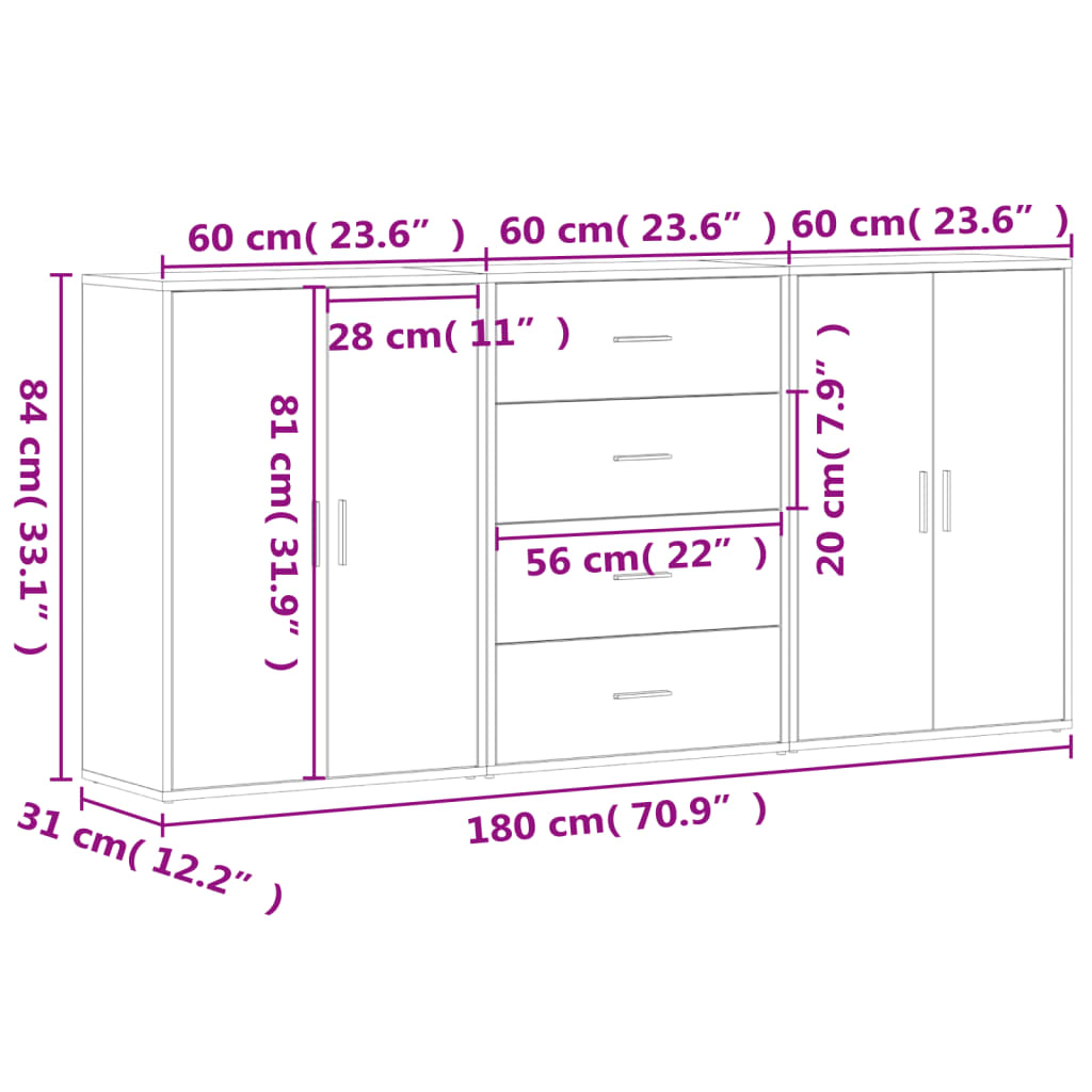 Komoda 3 kom boja hrasta sonome 60x31x84 cm konstruiranog drva