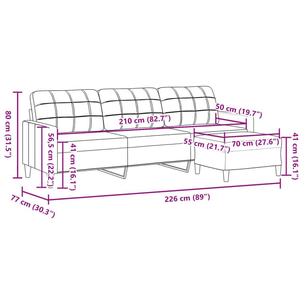 Trosjed s tabureom crni 210 cm od tkanine