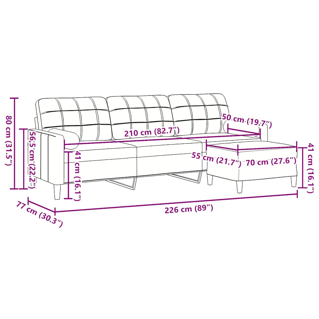 Trosjed s tabureom crni 210 cm baršunasti