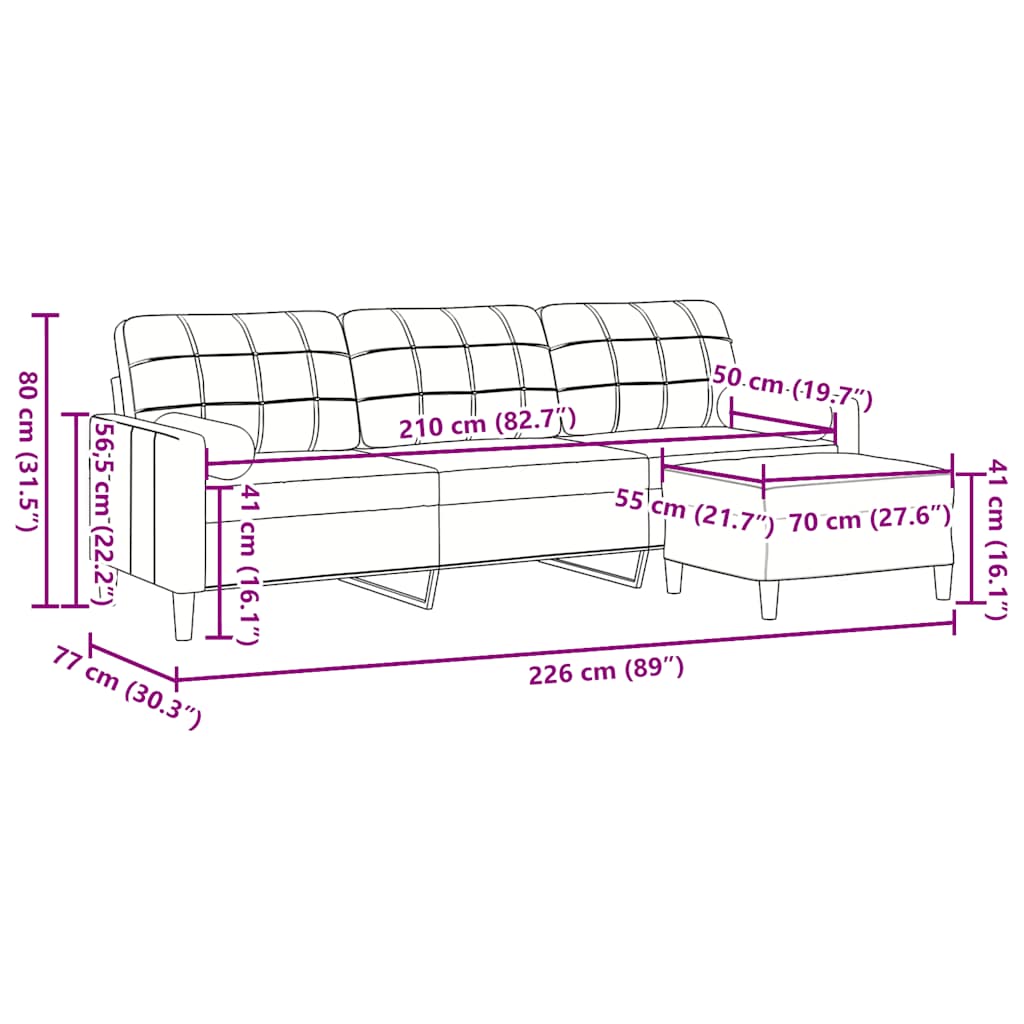 Trosjed s tabureom Krem 210 cm baršunasti