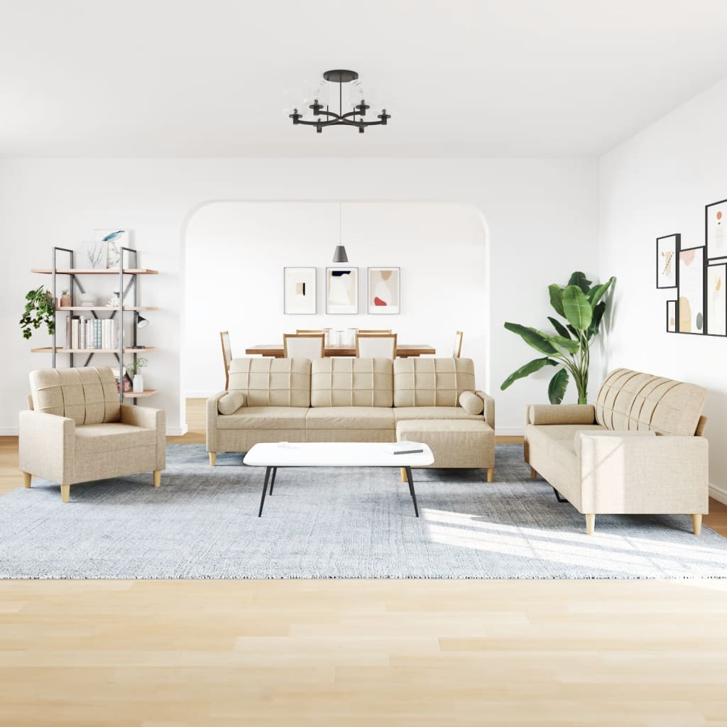 4-dijelni set sofa s tabureom i jastucima krem tkanina
