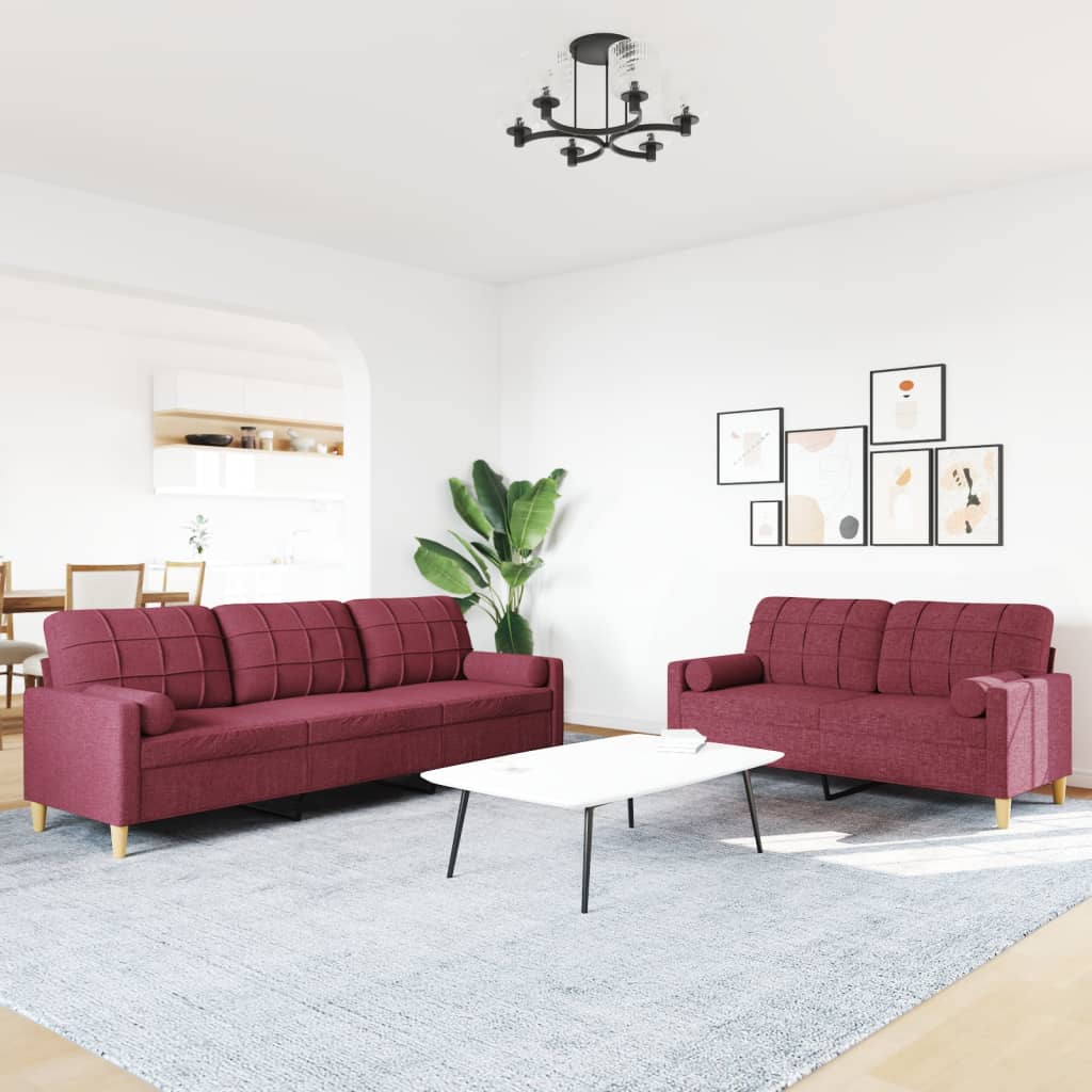 2-dijelni set sofa s ukrasnim jastucima boja vina od tkanine