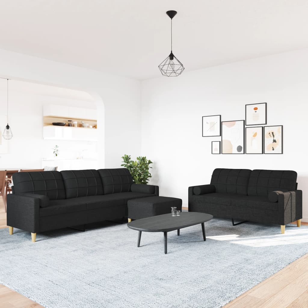 3-dijelni set sofa s tabureom i jastucima crni tkanina