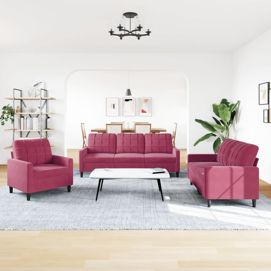 3-dijelni set sofa s jastucima crvena boja vina baršunasti
