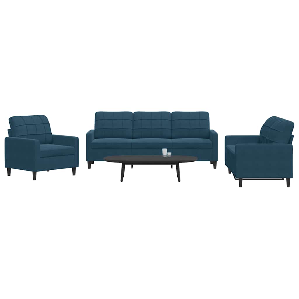 3-dijelni set sofa s jastucima plavi baršunasti