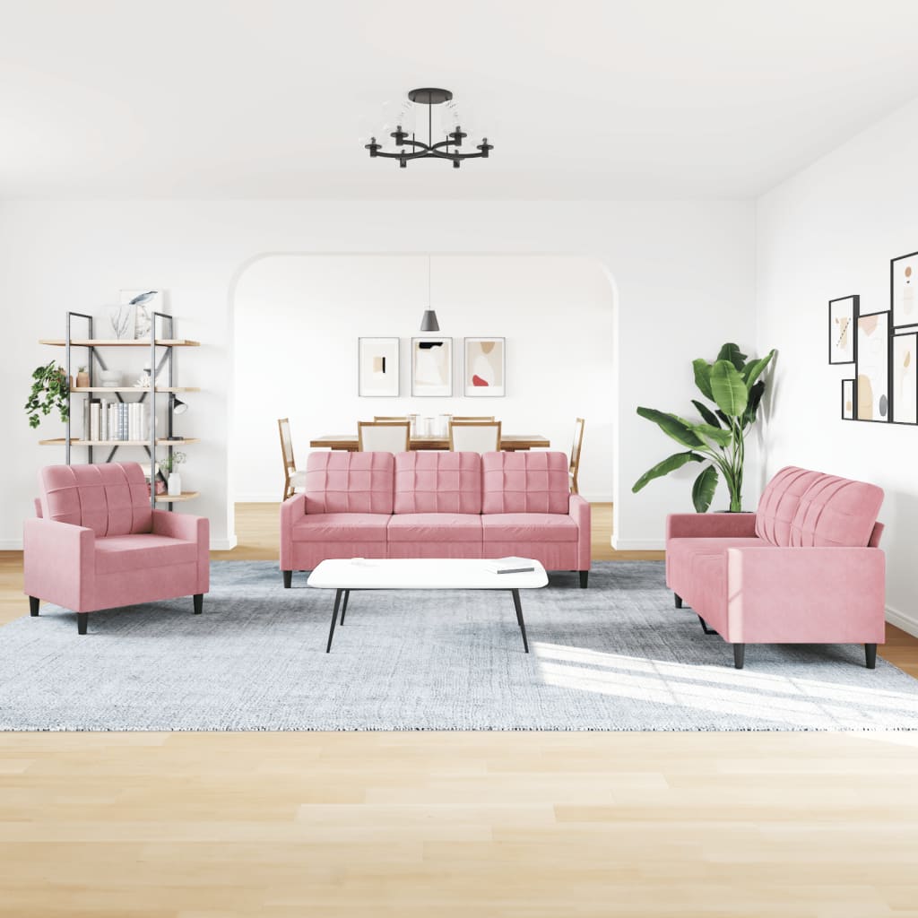 3-dijelni set sofa s jastucima ružičasti baršunasti