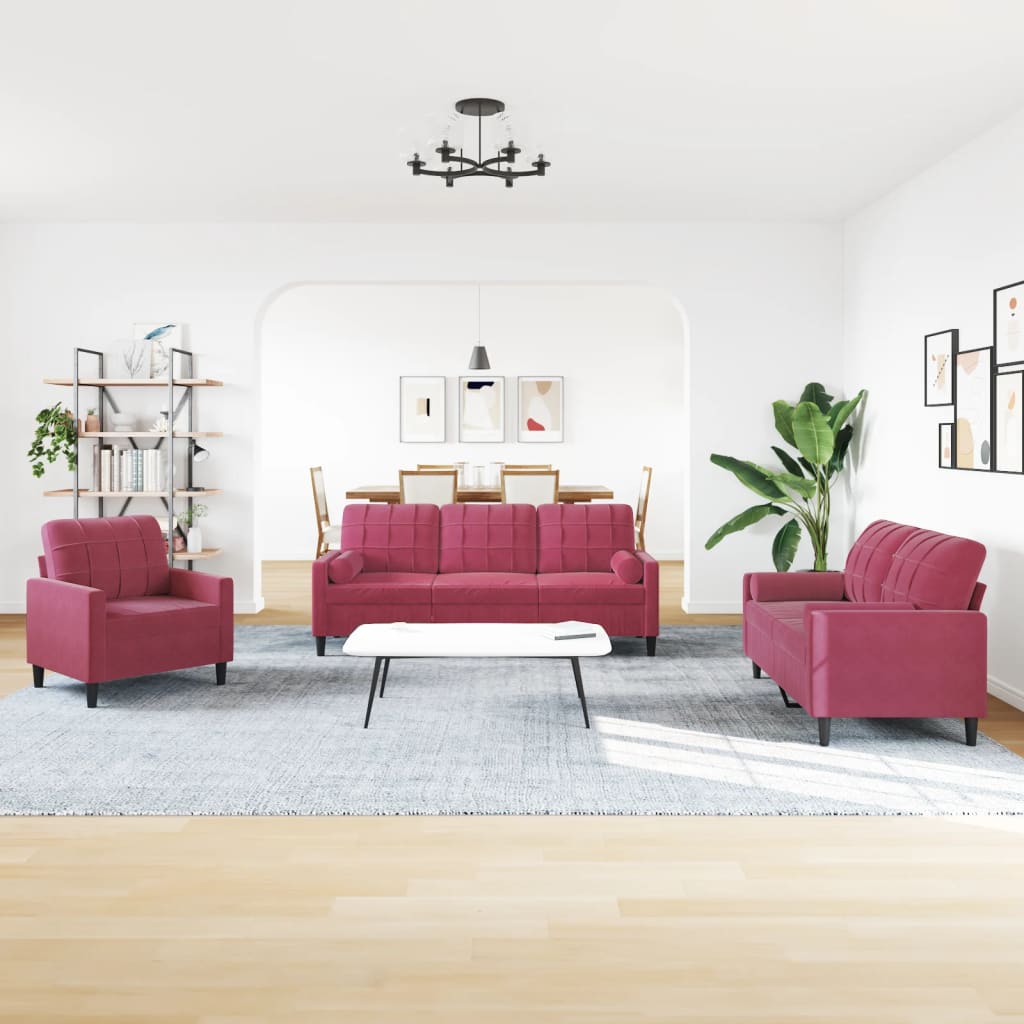 3-dijelni set sofa s jastucima crvena boja vina baršunasti