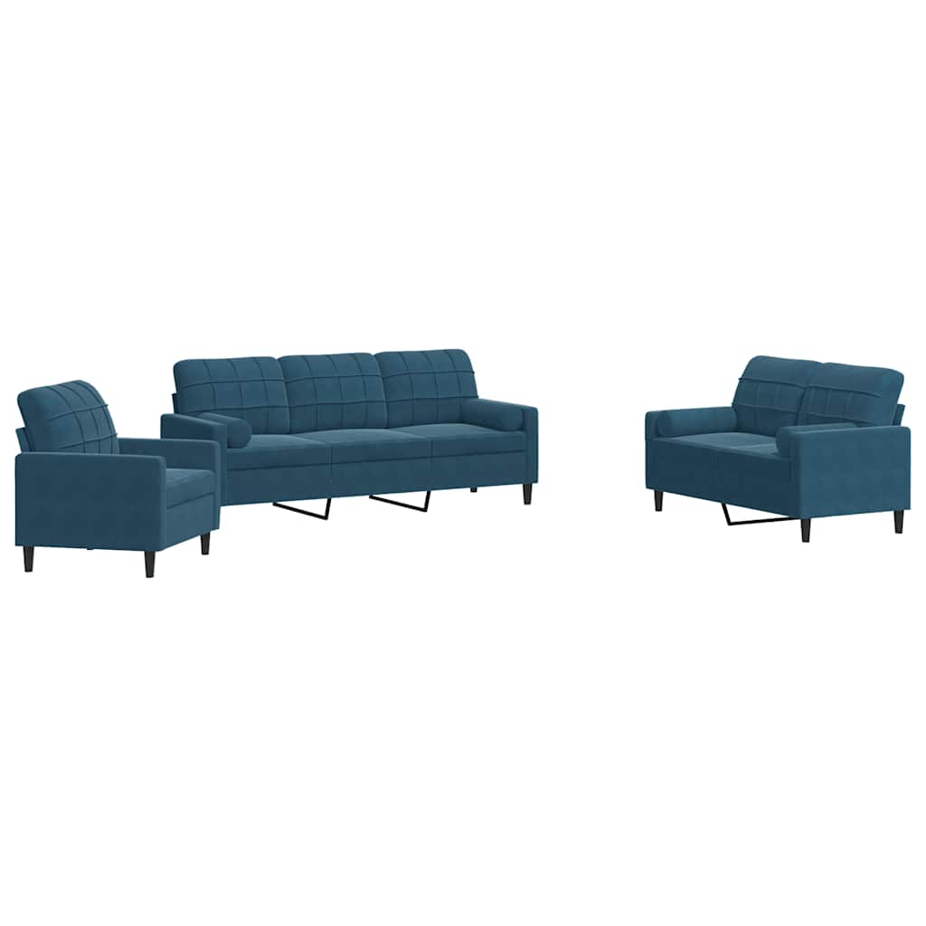 3-dijelni set sofa s jastucima plavi baršunasti