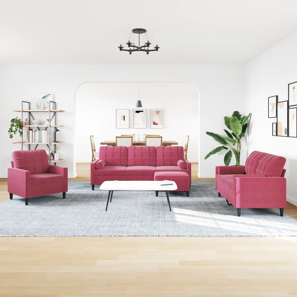 4-dijelni set sofa s jastucima crvena boja vina baršunasti