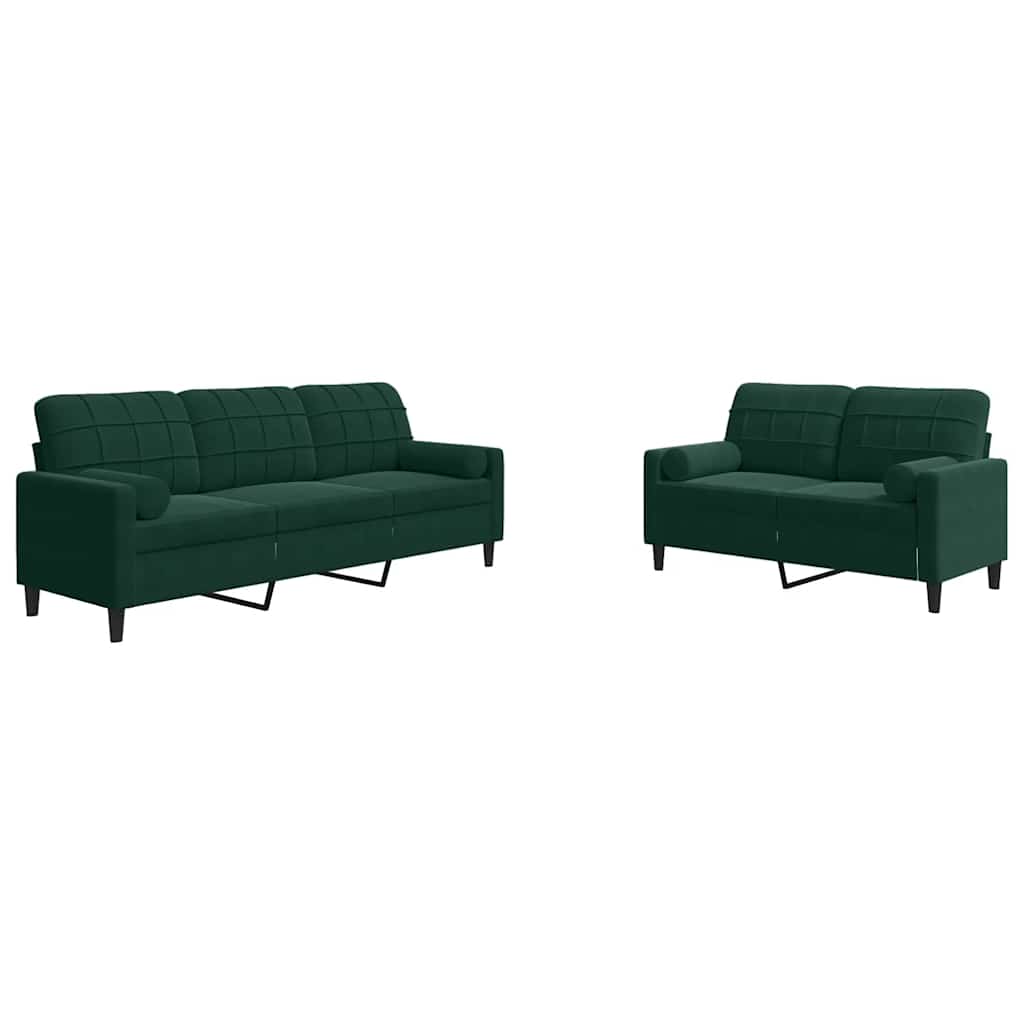 2-dijelni set sofa s jastucima tamnozeleni baršunasti