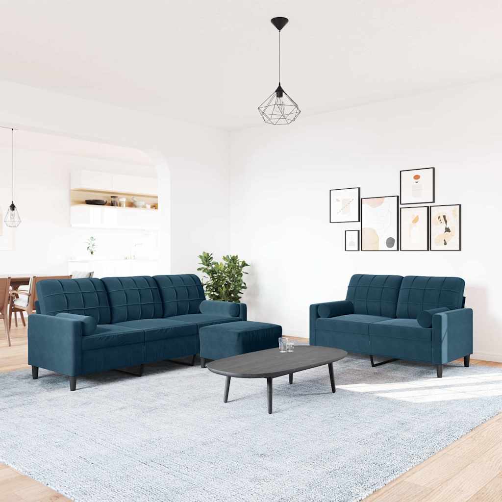 3-dijelni set sofa s jastucima plavi baršunasti