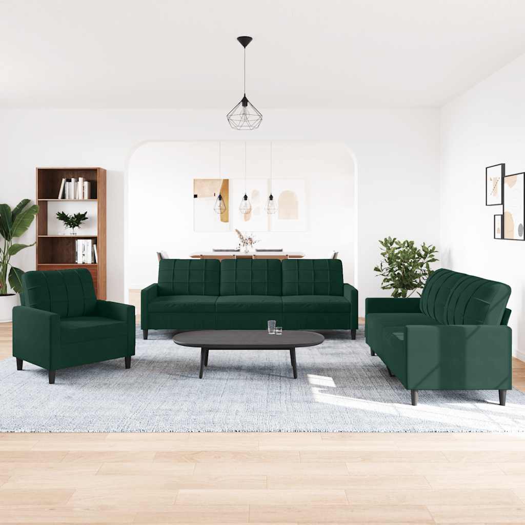 3-dijelni set sofa s jastucima tamnozeleni baršunasti