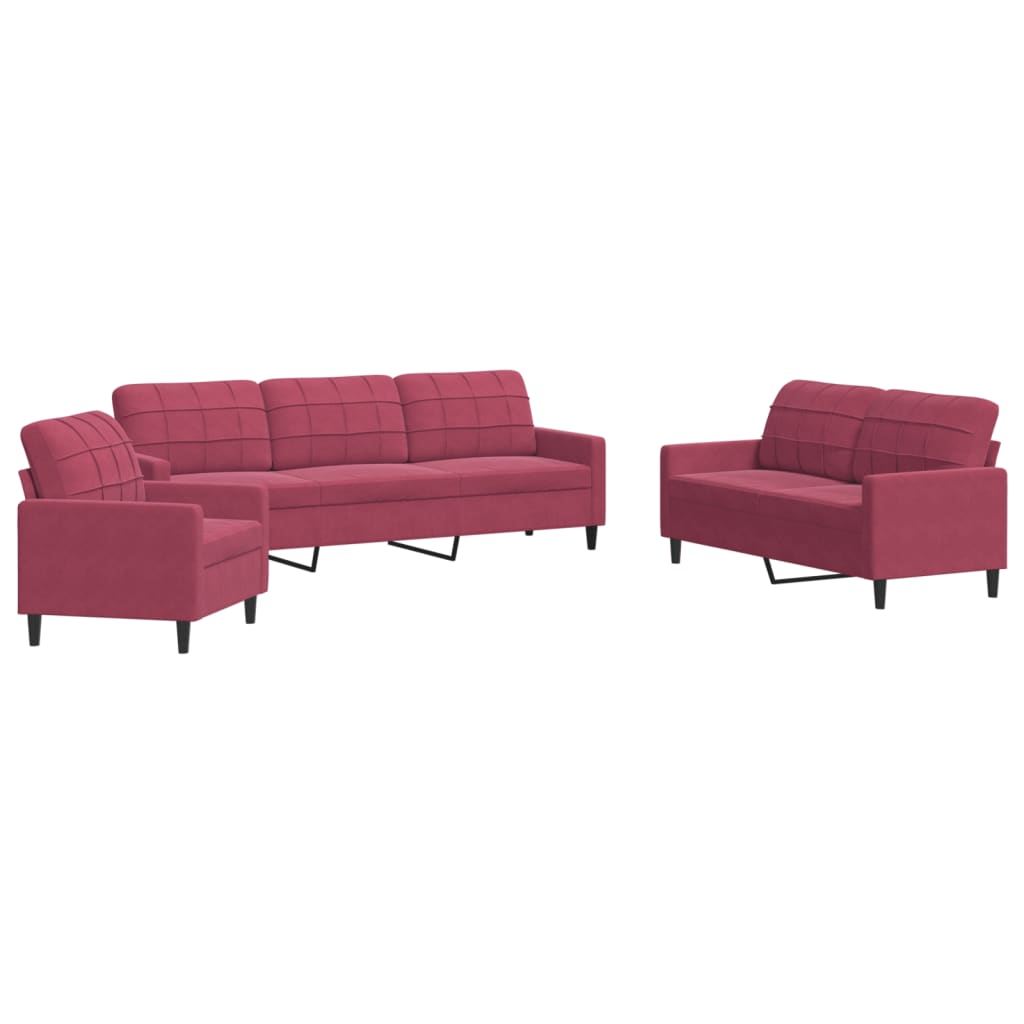3-dijelni set sofa s jastucima crvena boja vina baršunasti