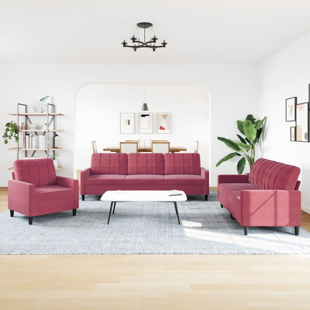 3-dijelni set sofa s jastucima crvena boja vina baršunasti