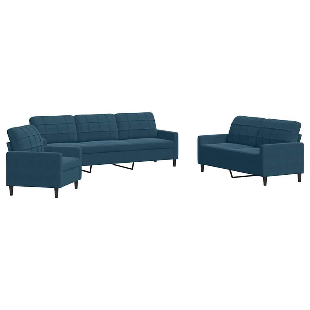 3-dijelni set sofa s jastucima plavi baršunasti