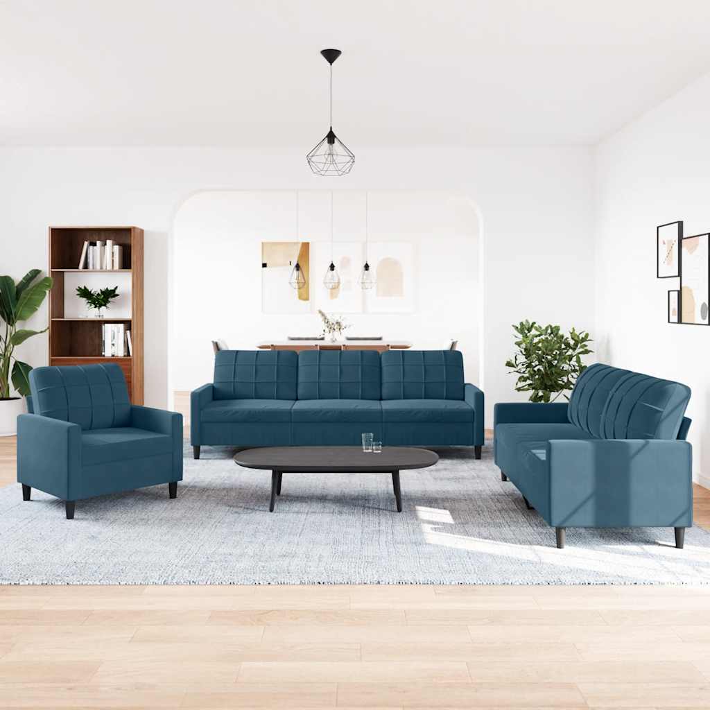 3-dijelni set sofa s jastucima plavi baršunasti