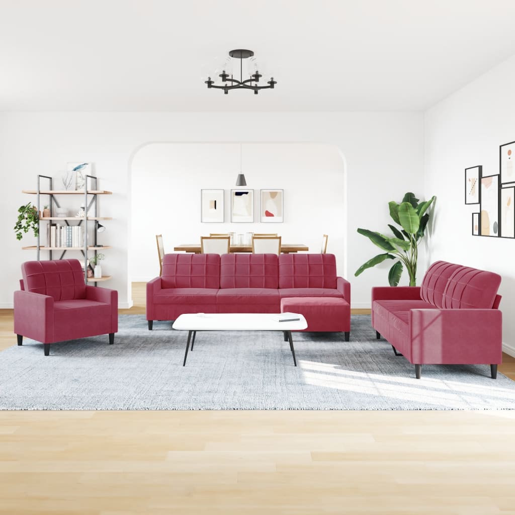 4-dijelni set sofa s jastucima crvena boja vina baršunasti