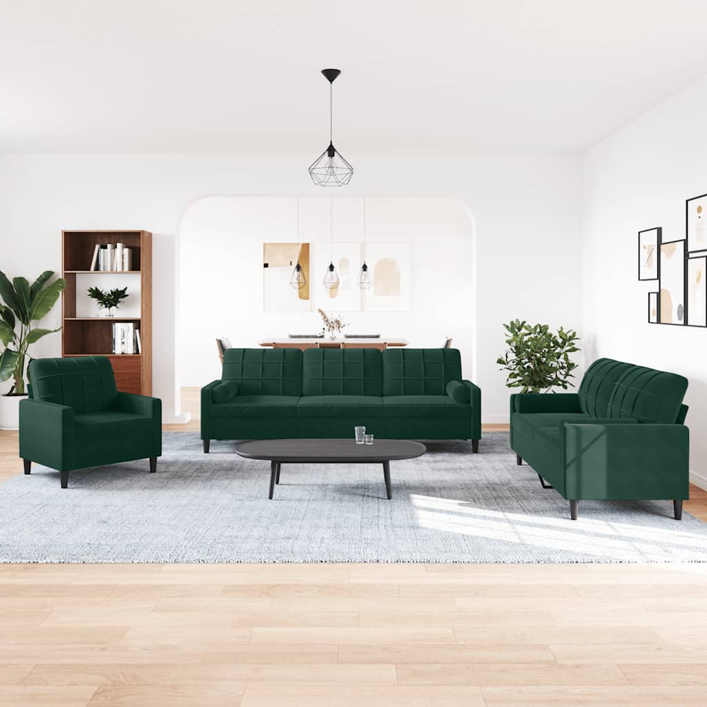 3-dijelni set sofa s jastucima tamnozeleni baršunasti