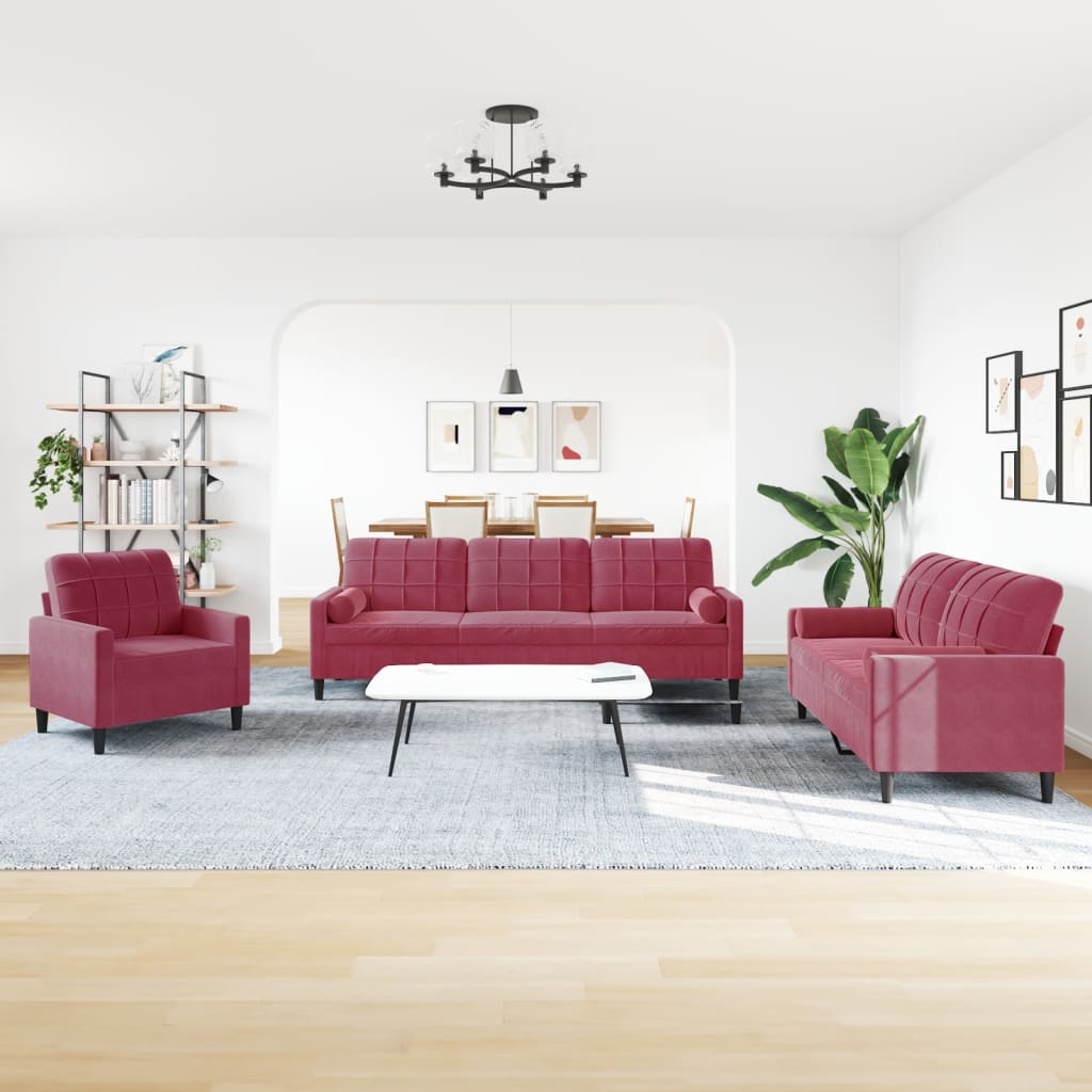 3-dijelni set sofa s jastucima crvena boja vina baršunasti