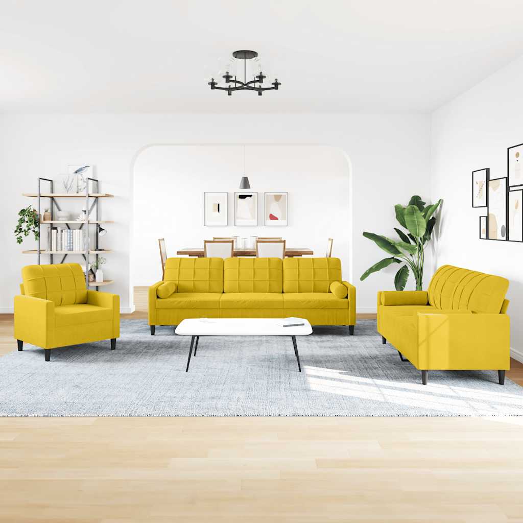 3-dijelni set sofa s jastucima žuti baršunasti