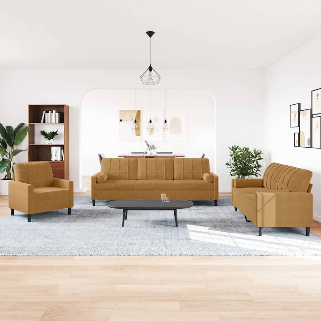 3-dijelni set sofa s jastucima smeđi baršunasti
