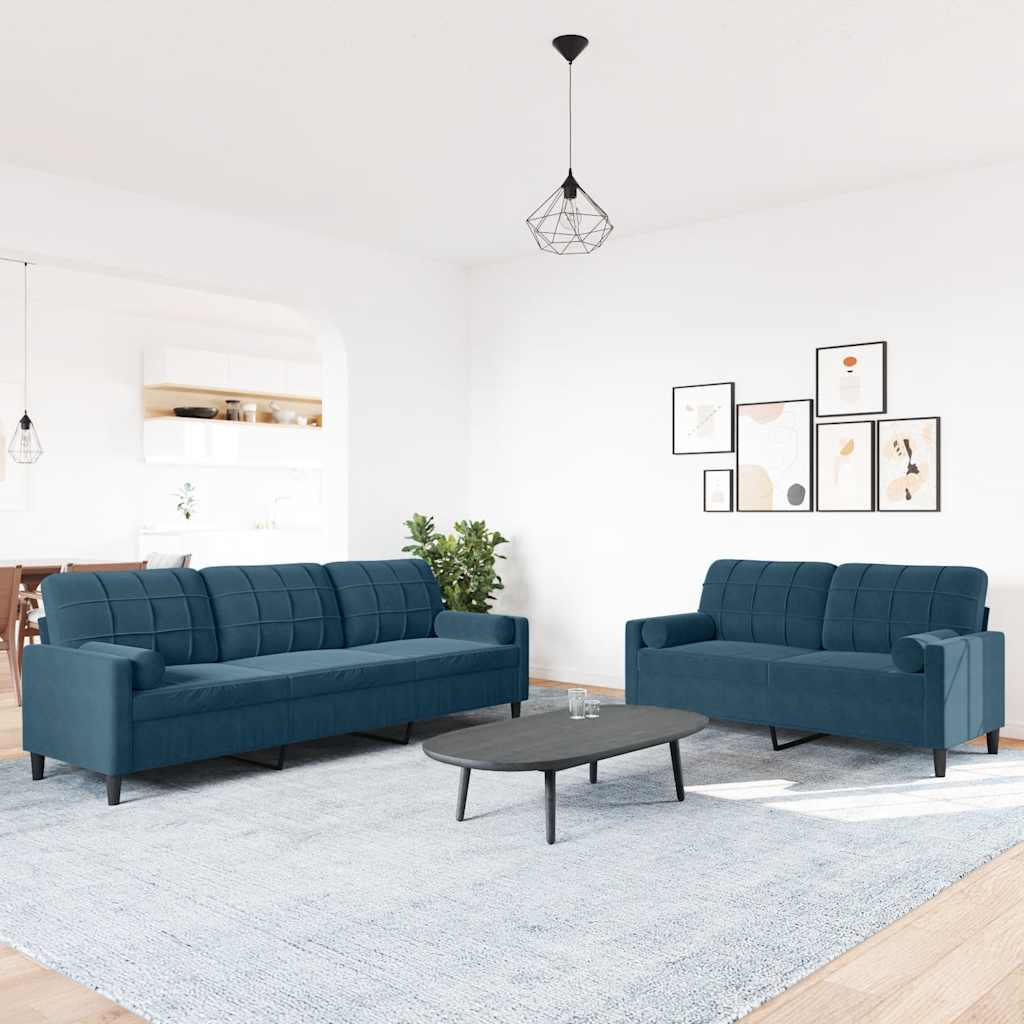 2-dijelni set sofa s jastucima plavi baršunasti