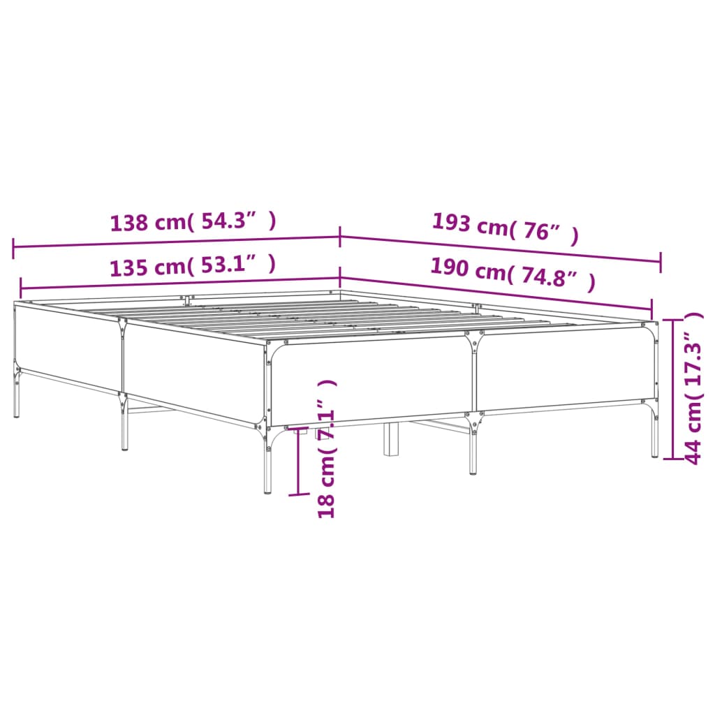 Okvir za krevet boja hrasta 135x190cm konstruirano drvo i metal