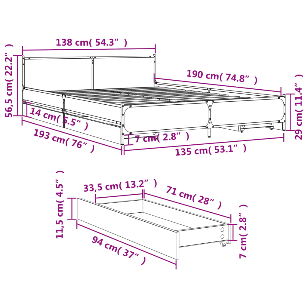 Okvir kreveta s ladicama crni 135 x 190 cm konstruirano drvo