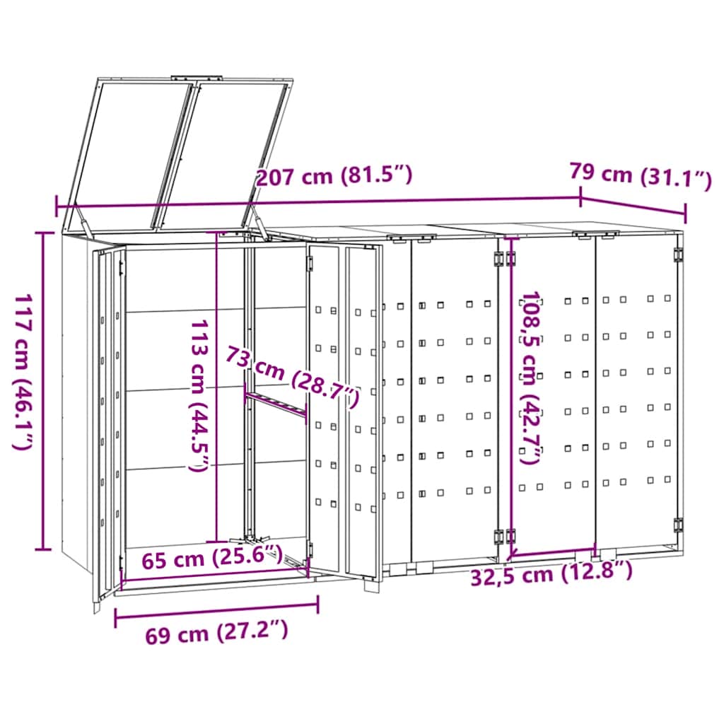 Spremište za 3 kante za otpad crno 207 x 79 x 117 cm čelično