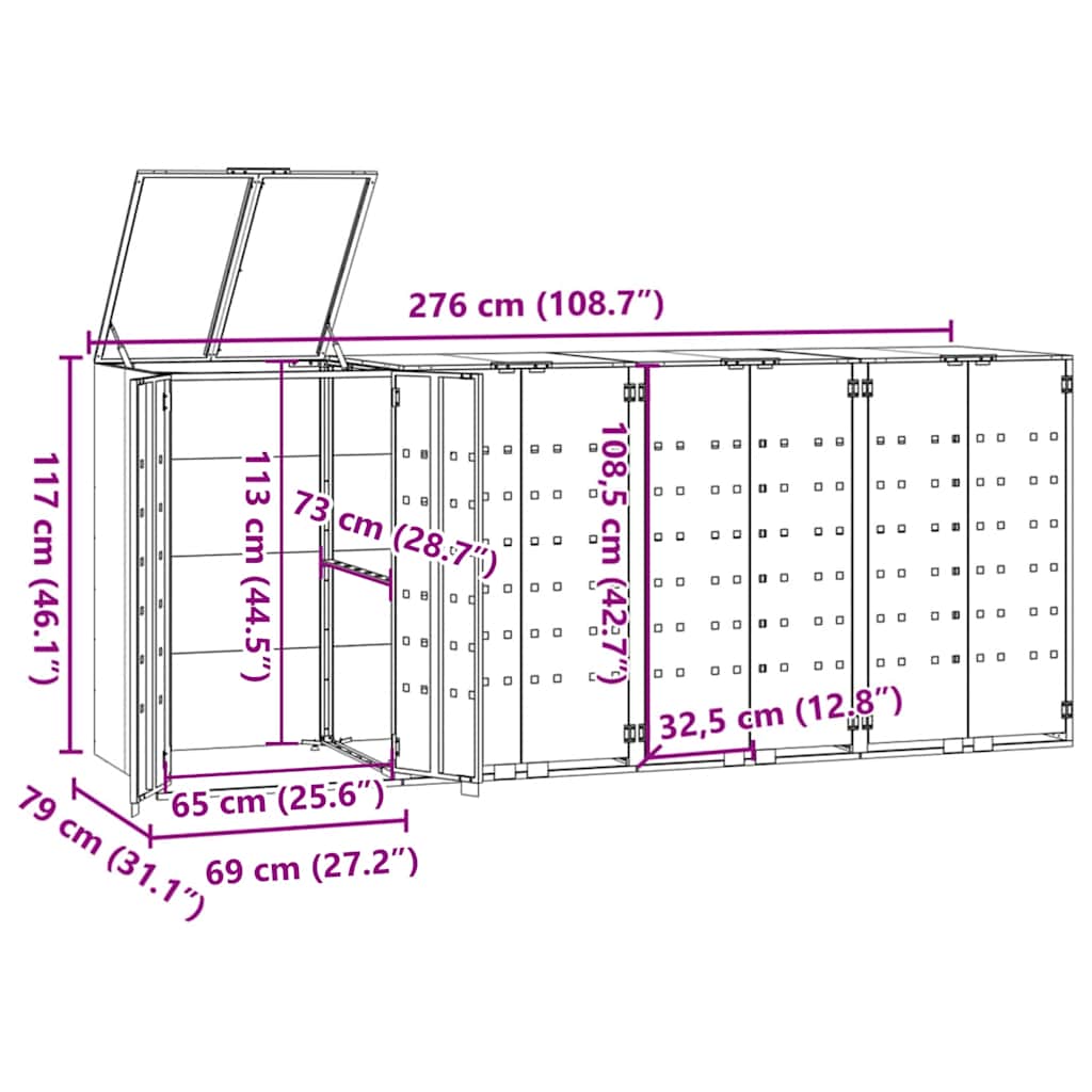 Spremište za 4 kante za otpad crno 276 x 79 x 117 cm čelično