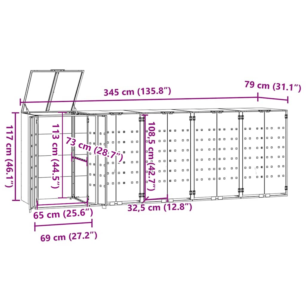Spremište za 5 kante za otpad crno 345x79x117 cm čelično
