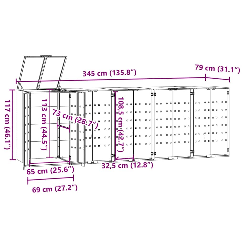 Spremište za 5 kanta za otpad sivo 345x79x117 cm čelično