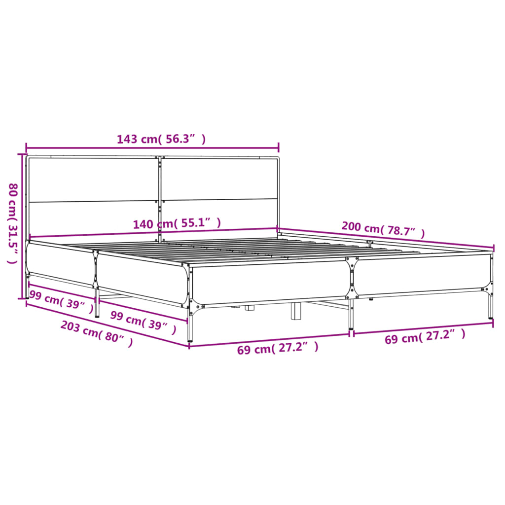 Okvir kreveta boja hrasta 140x200cm konstruirano drvo i metal